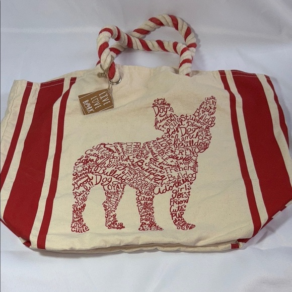 Handbags - LIVE LOVE BARK Red and Cream Canvas Bull Dog Print Reusable Tote Bag
